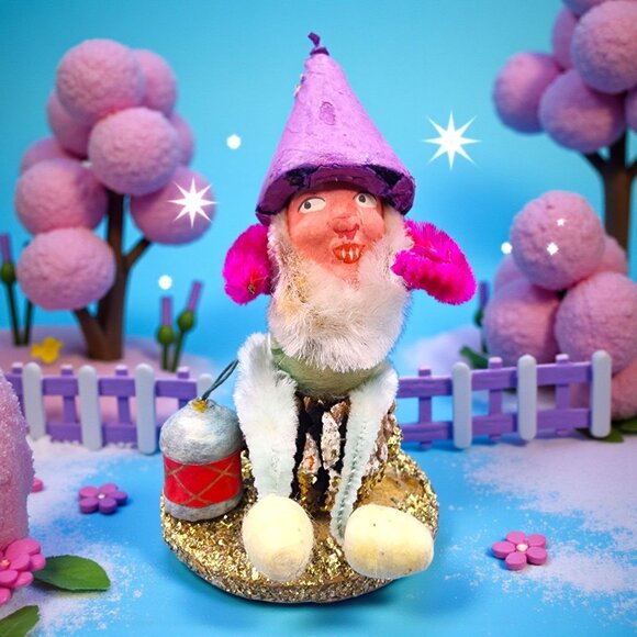 Vintage 1950s Putz Elf Spun Cotton Chenille Gnome Ornament Lantern Purple Japan - Picture 1 of 10